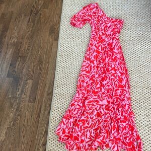 Veronica Beard Vie Printed One Shoulder Dress in red.